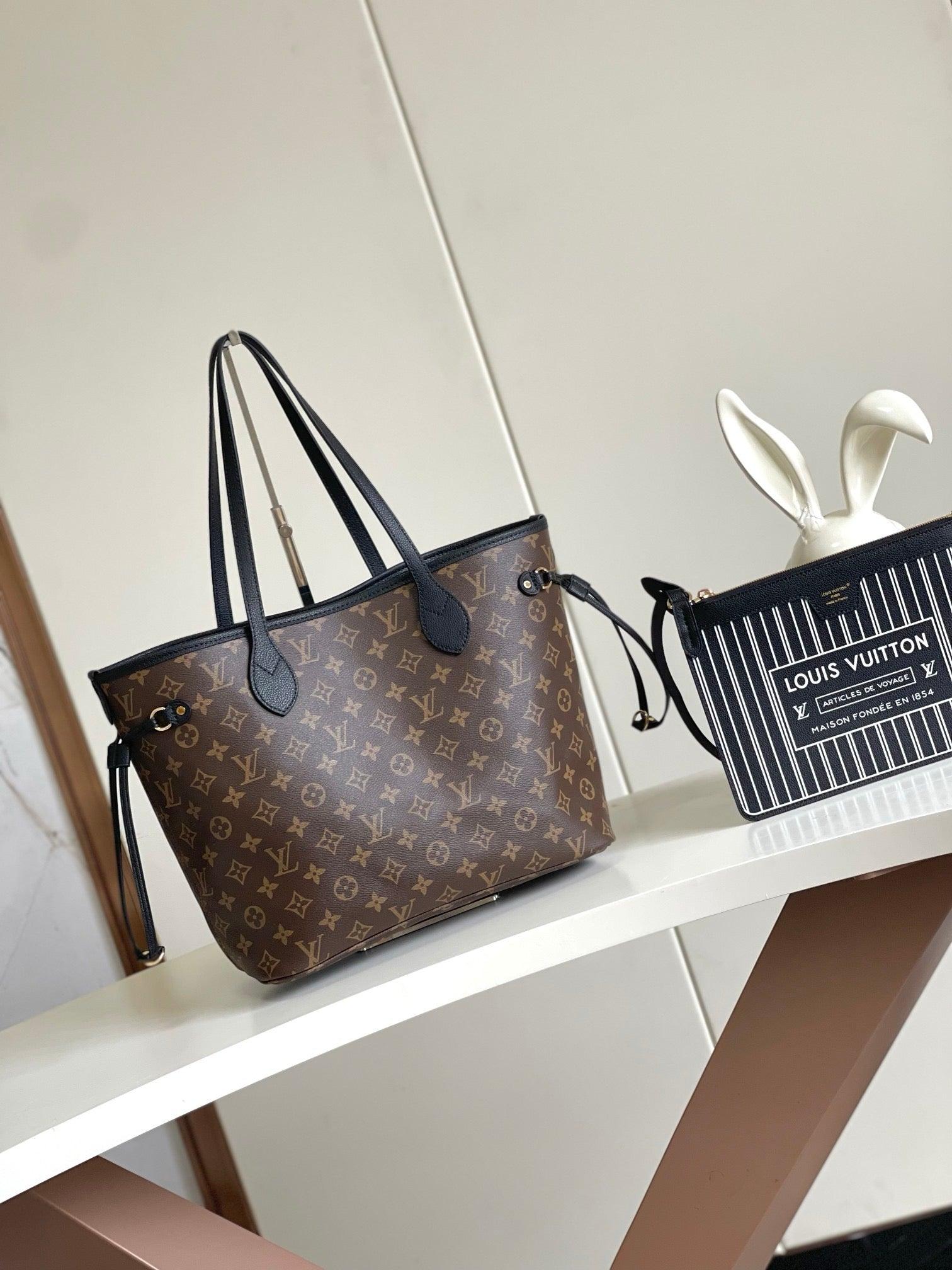 Authentic Louis Vuitton Neverfull MM Monogram Tote with Black Leather Trim and Removable Pouch Exclusive Apparel