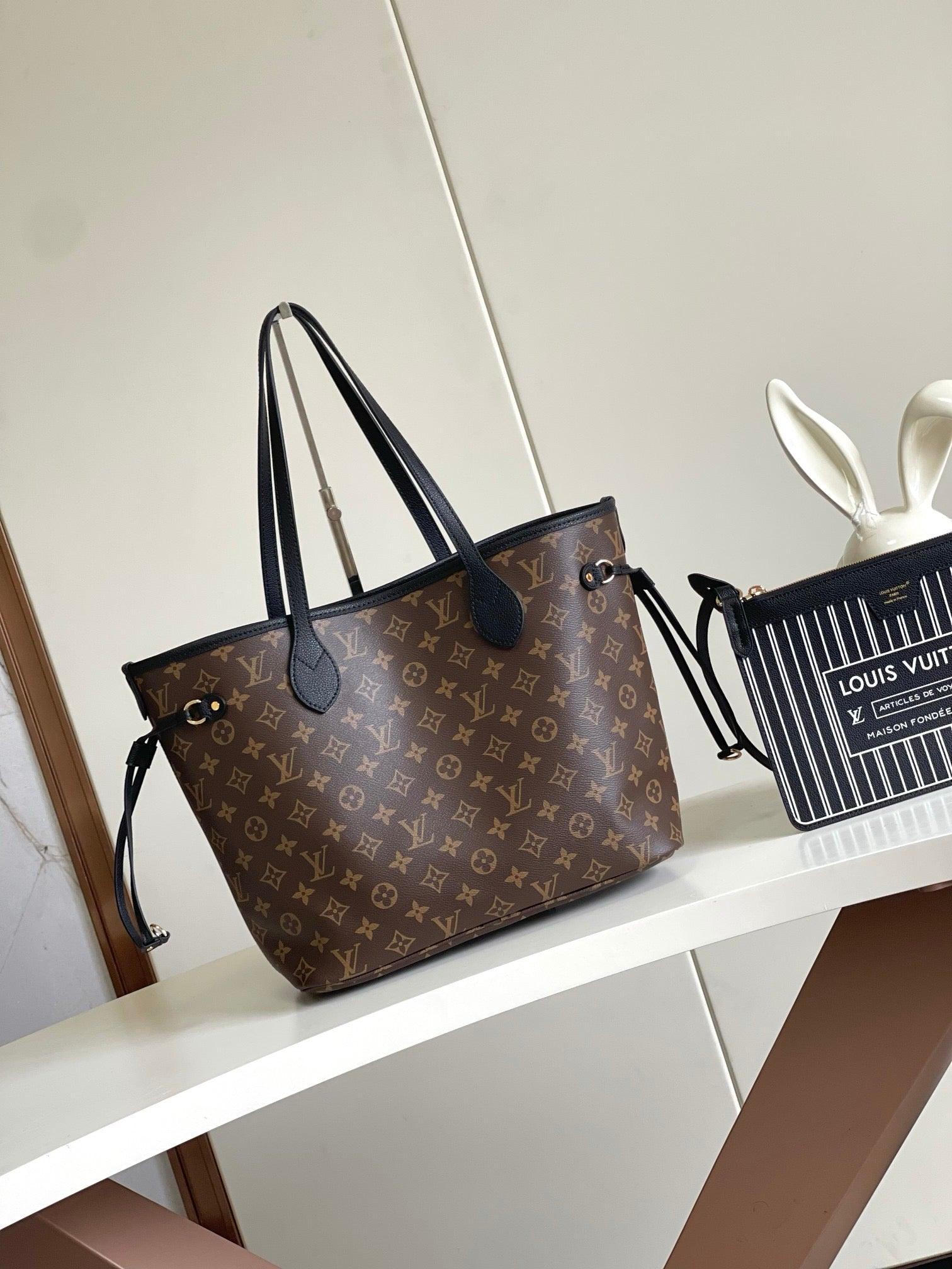 Authentic Louis Vuitton Neverfull MM Monogram Tote with Black Leather Trim and Removable Pouch Exclusive Apparel